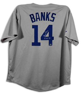 Ernie Banks Chicago Cubs Autographed Majestic Jersey with HOF 77 Inscription